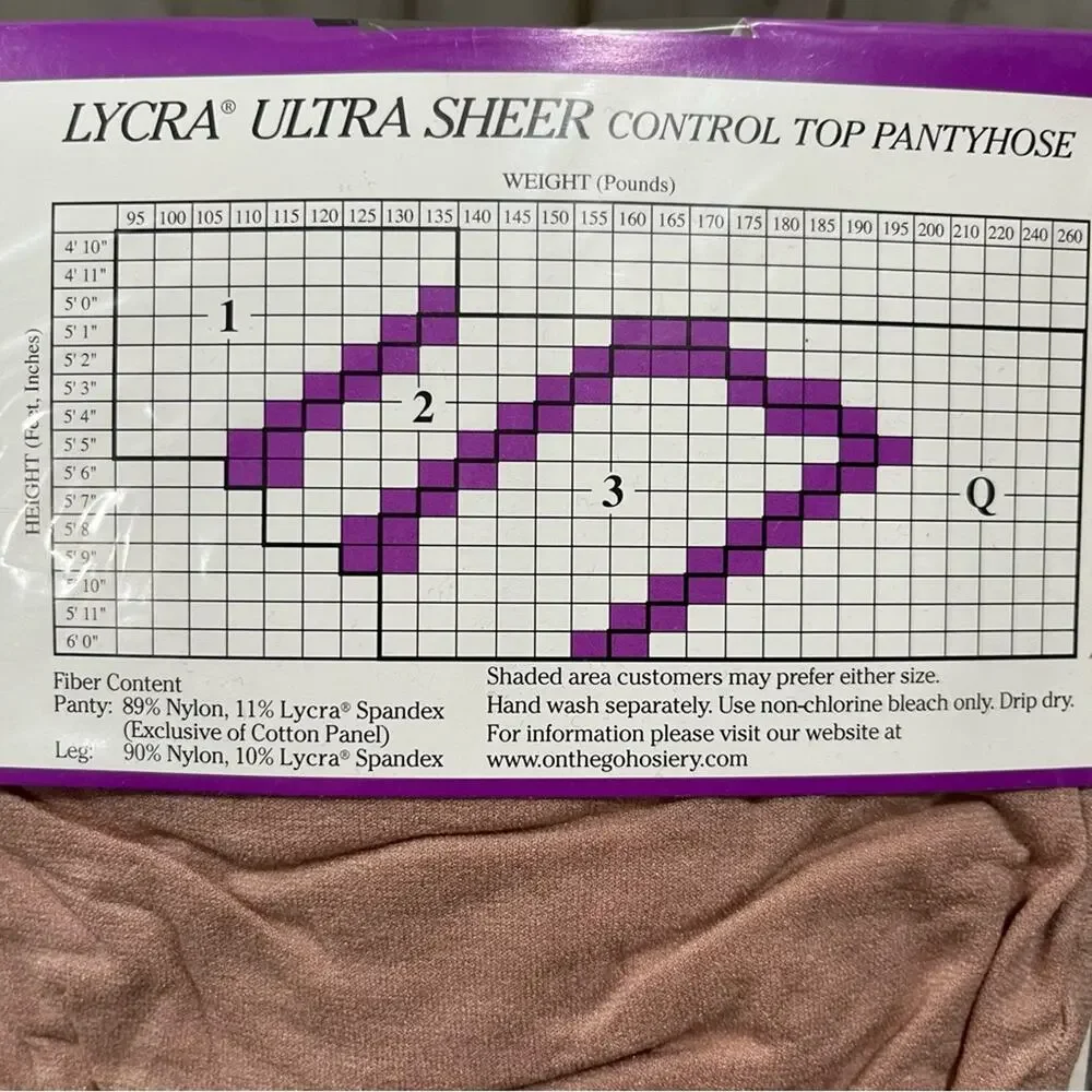 New! On The Go! Lycra Ultra Sheer Pantyhose Size 1 Control Top Nude Made USA